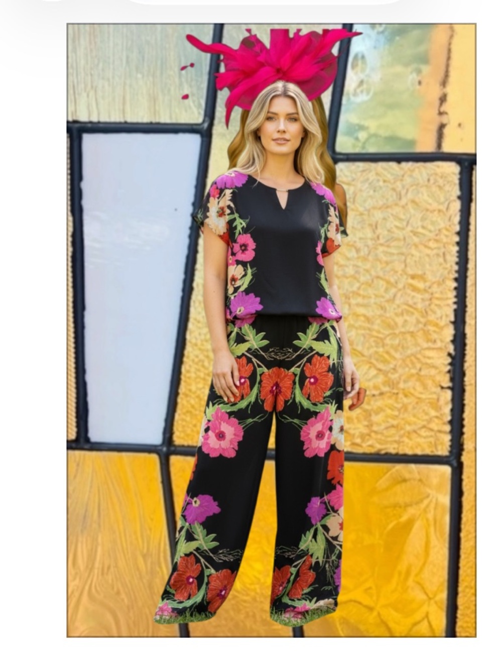 Joseph Ribkoff Black Blouse and Pants Set with Pink and Orange Floral Sleeves